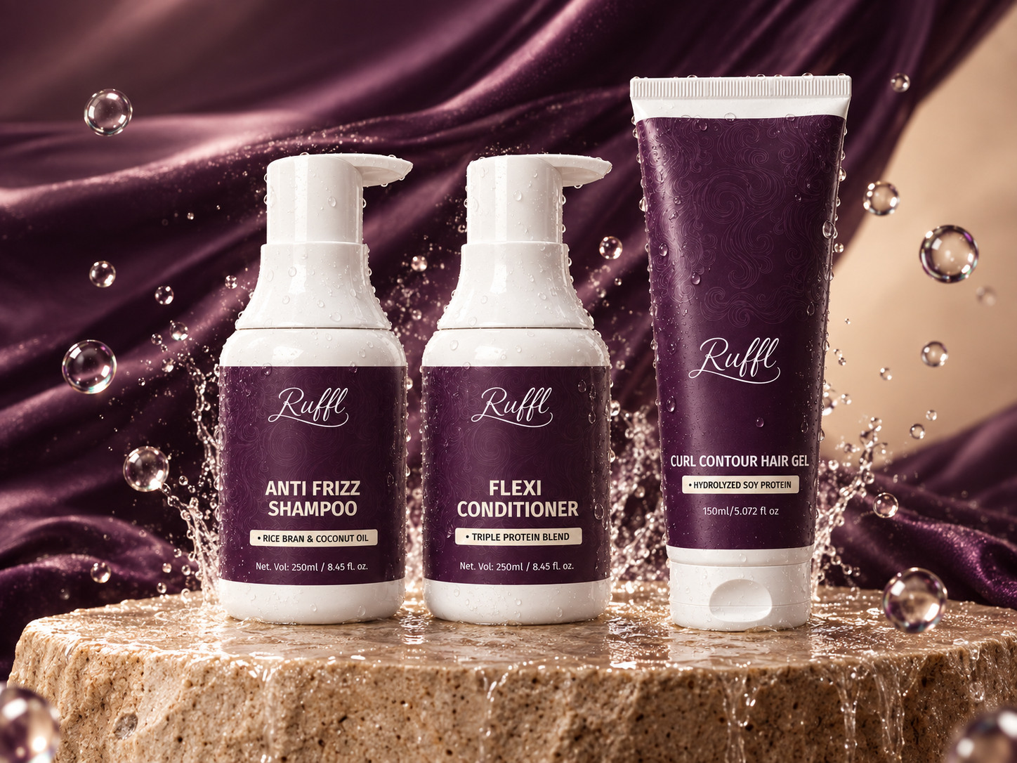 RUFFL Anti-Frizz Shampoo, Flexi Conditioner and Curl Contour Hair Gel with water droplets