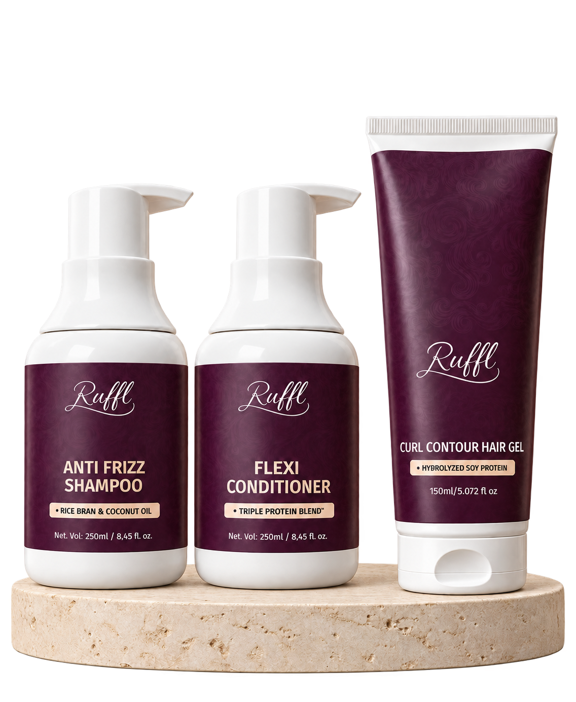 The complete RUFFL curl routine with shampoo, conditioner and hair gel