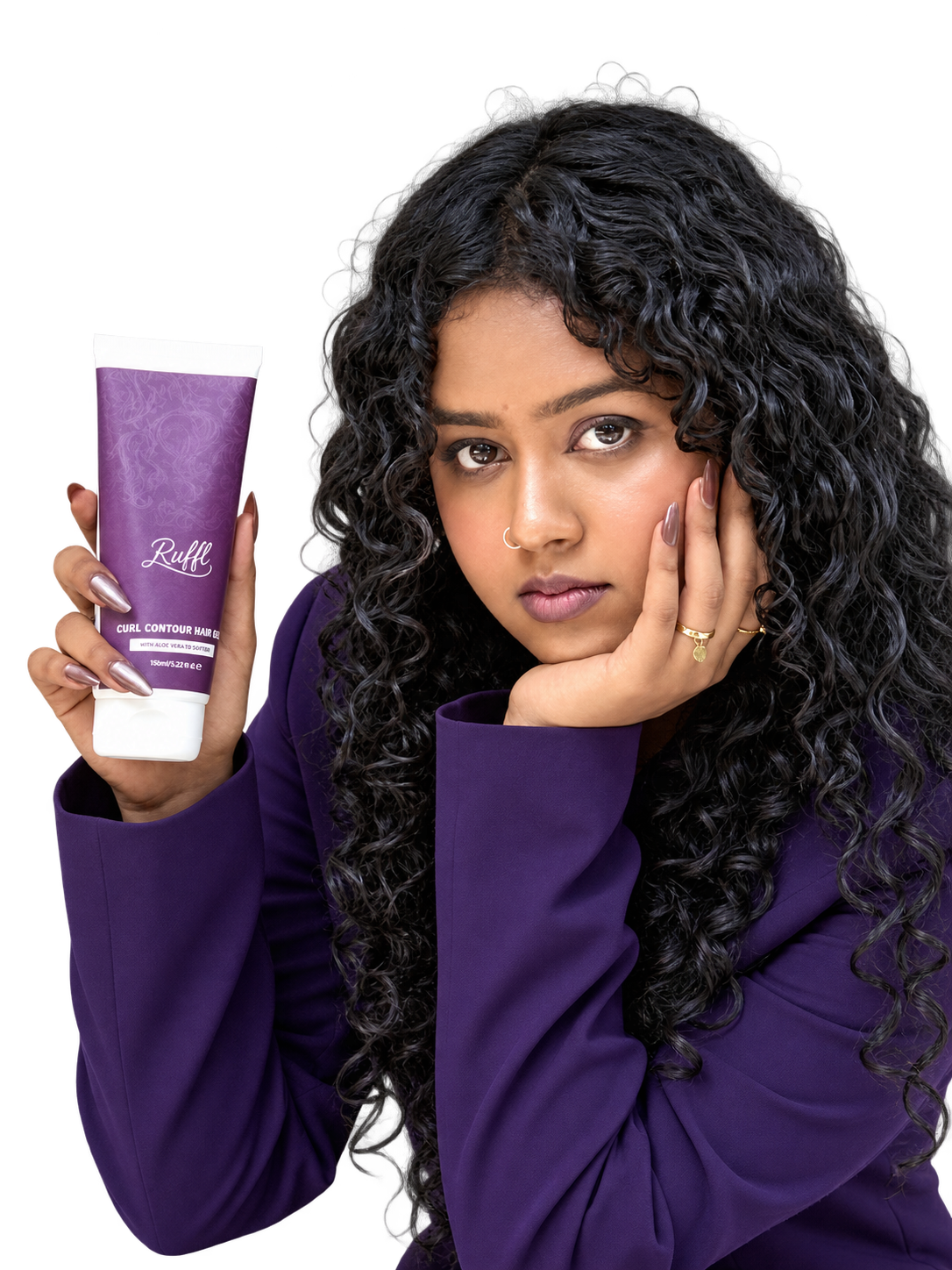 Woman in plum with natural curls holding RUFFL Curl Contour Hair Gel