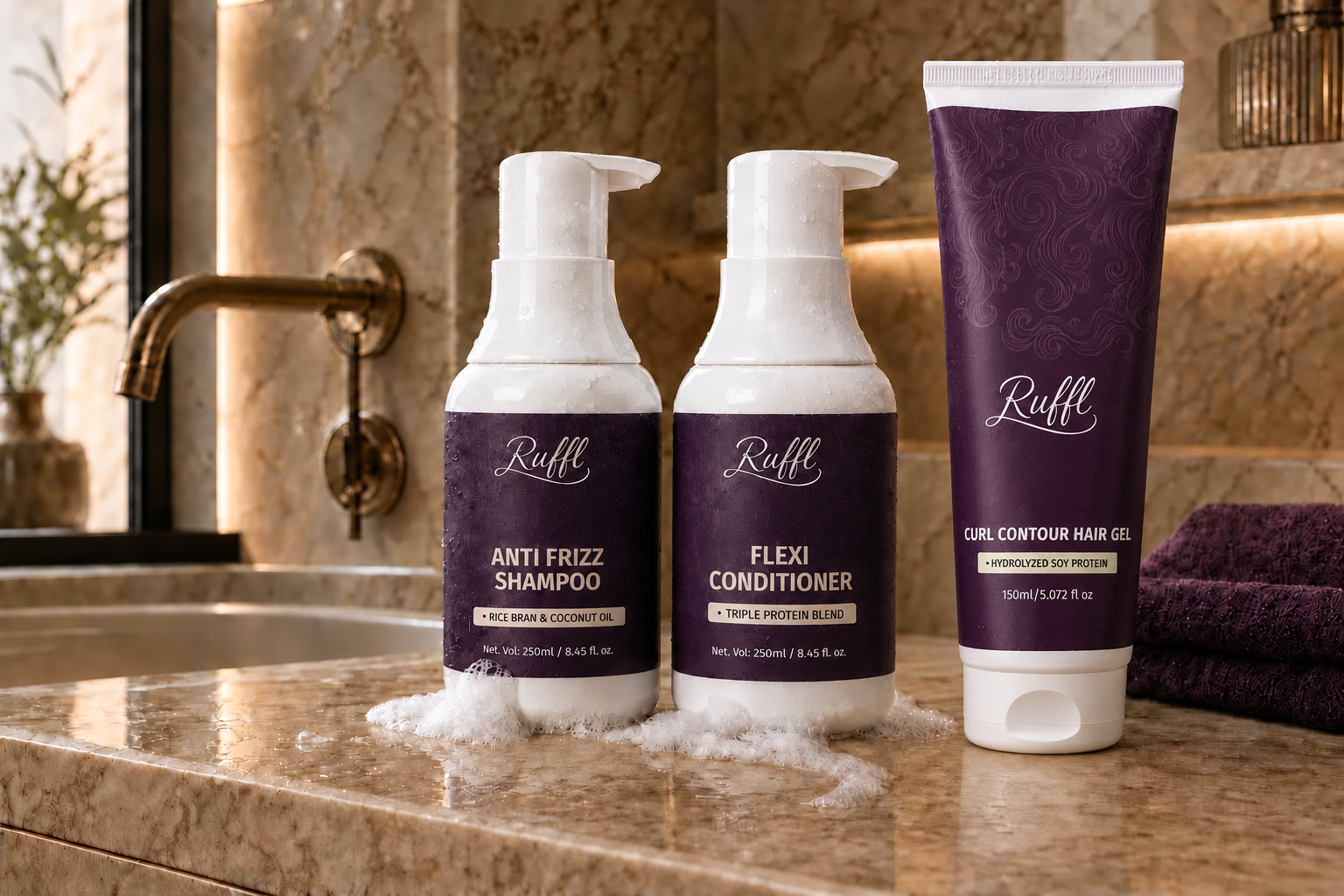 RUFFL three-step curl routine in a bathroom