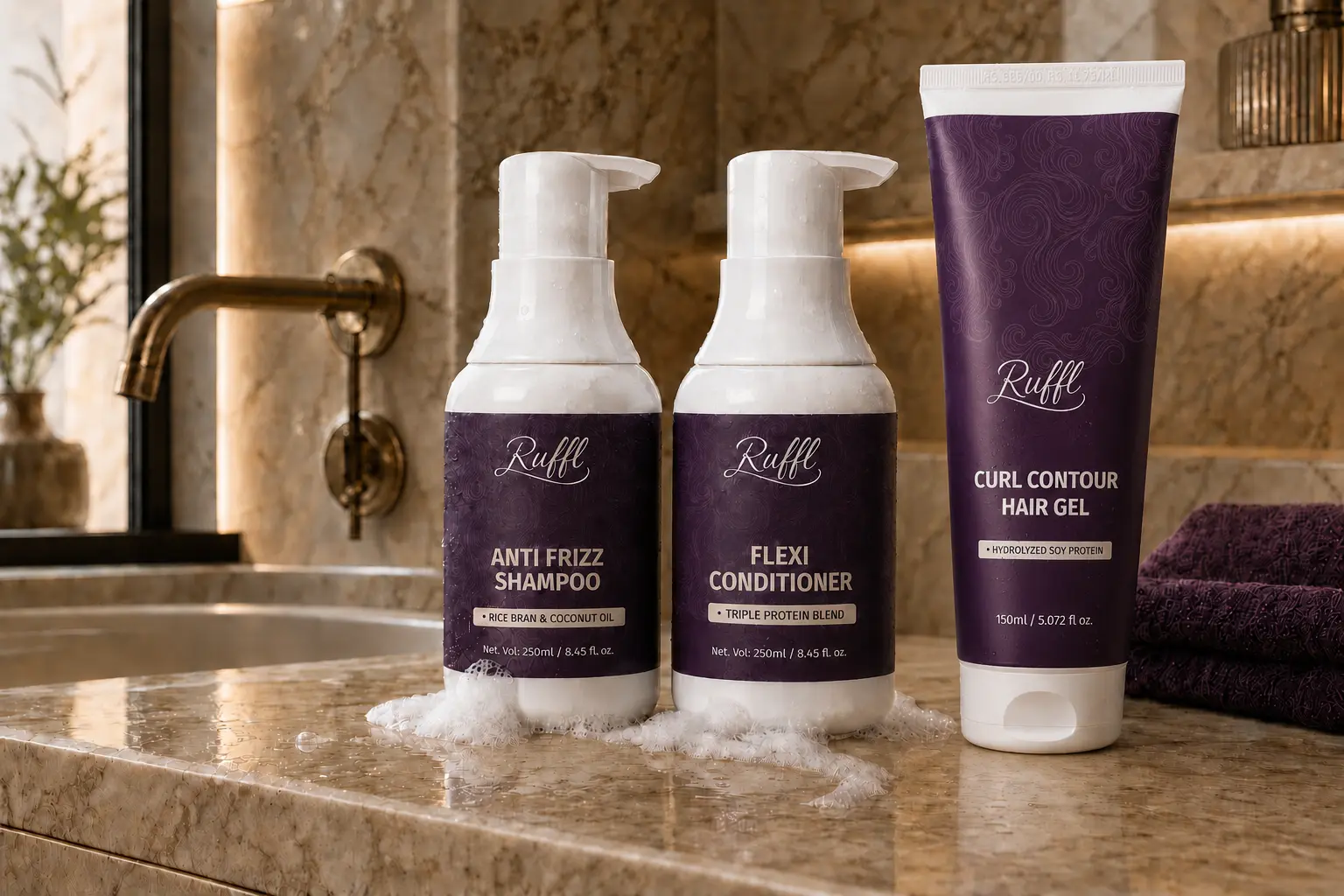 RUFFL three-step curl routine in a bathroom